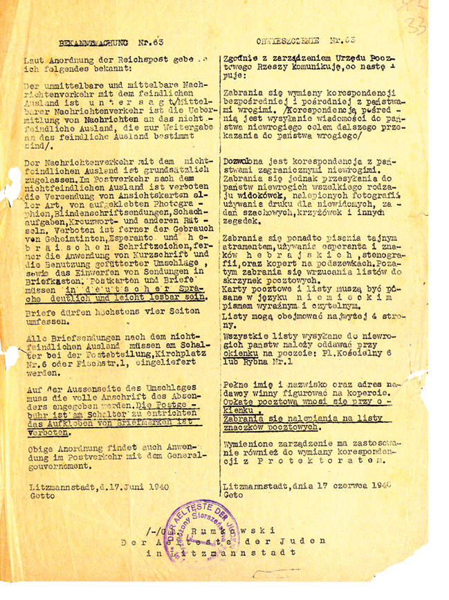 Obwieszczenie nr 63, regulujące zasady korespondencji