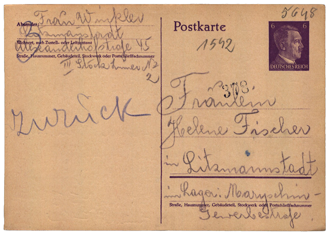 Postcard sent by Mrs. Winkler to Helena Fischer residing in Marysin with information about the package
