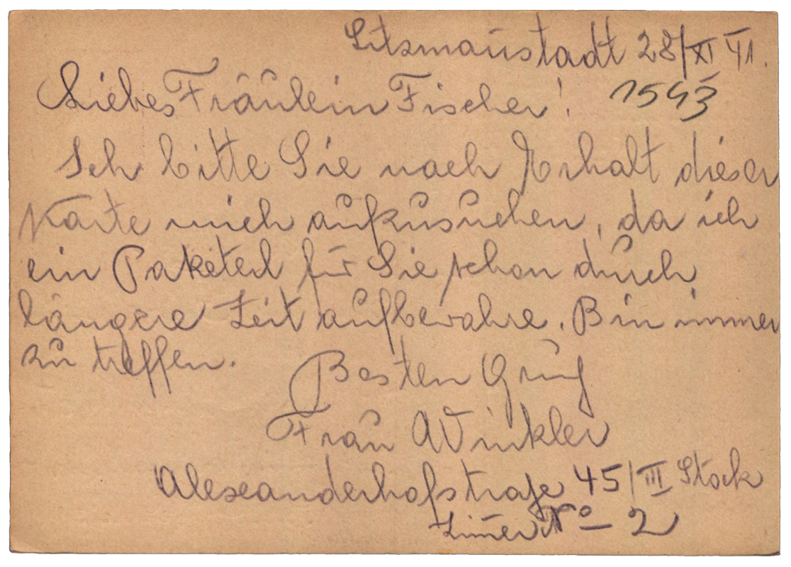 Postcard sent by Mrs. Winkler to Helena Fischer residing in Marysin with information about the package