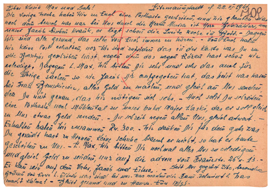 Postcard stopped by the censor due to prohibited content, back side