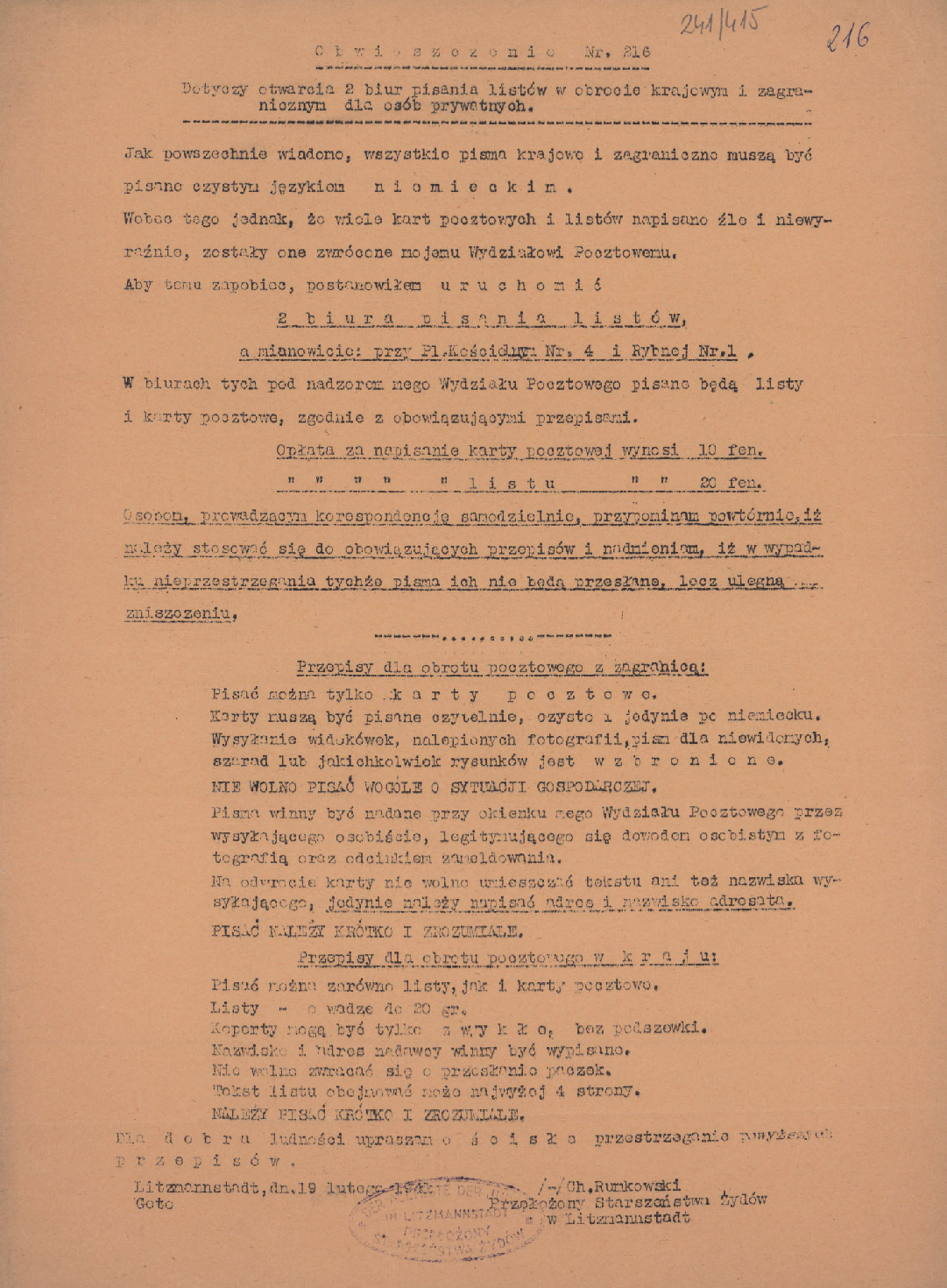 ​Obwieszczenie nr 216, regulujące zasady korespondencji