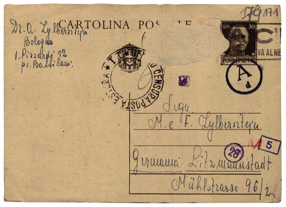 Rewers nieodręczonej pocztówki wysłanej przez Annę Zylbersztejn z Włoch do matki i siostry, Małki i Franciszki Zylbersztejn, mieszkających w getcie przy ul. Młynarskiej 96