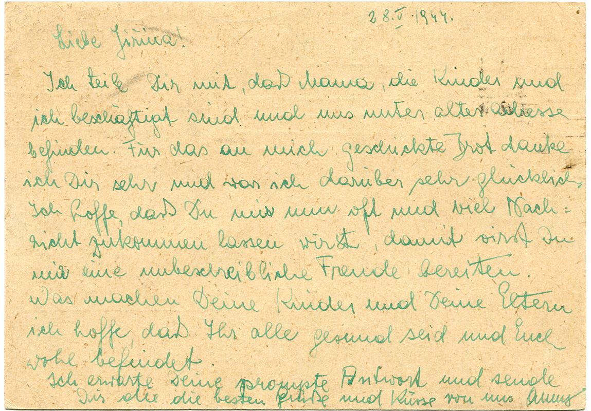 ​Karta pocztowa wysłana 28 maja 1944 r. przez Annę Fink do Jiriny Steiner do Pragi, rewers