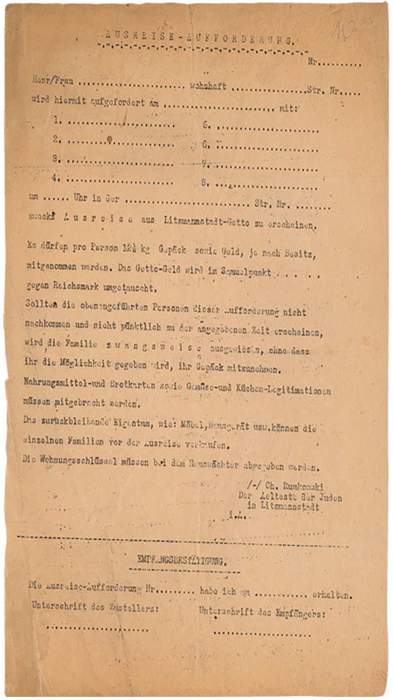 Deportation order, known as “wedding card” in the ghetto