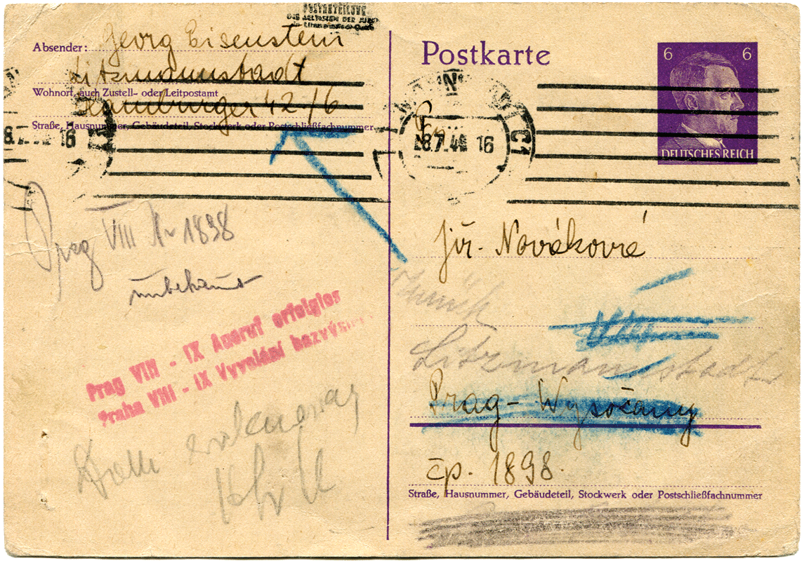 Postcard sent after the mail ban was lifted, returned to the ghetto – the addressee was deported, front side