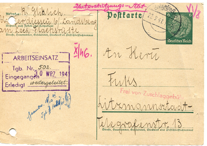 Postcard sent to the head of Bureau of Labor requesting money for the family, front side