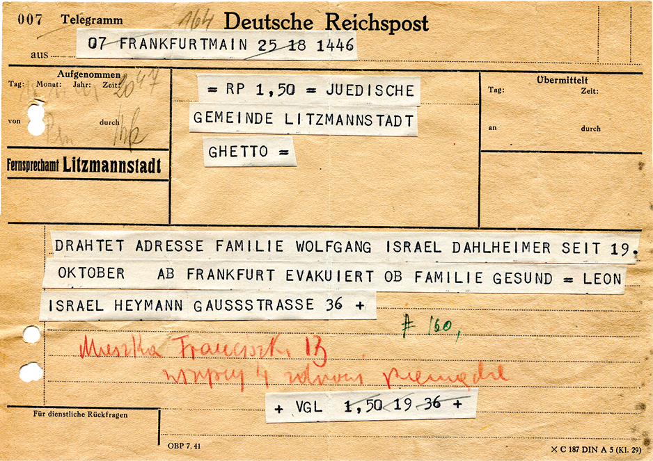 ​Telegramy z zapytaniem o deportowanych jesienią 1941 r. Adnotacje urzędników żydowskich