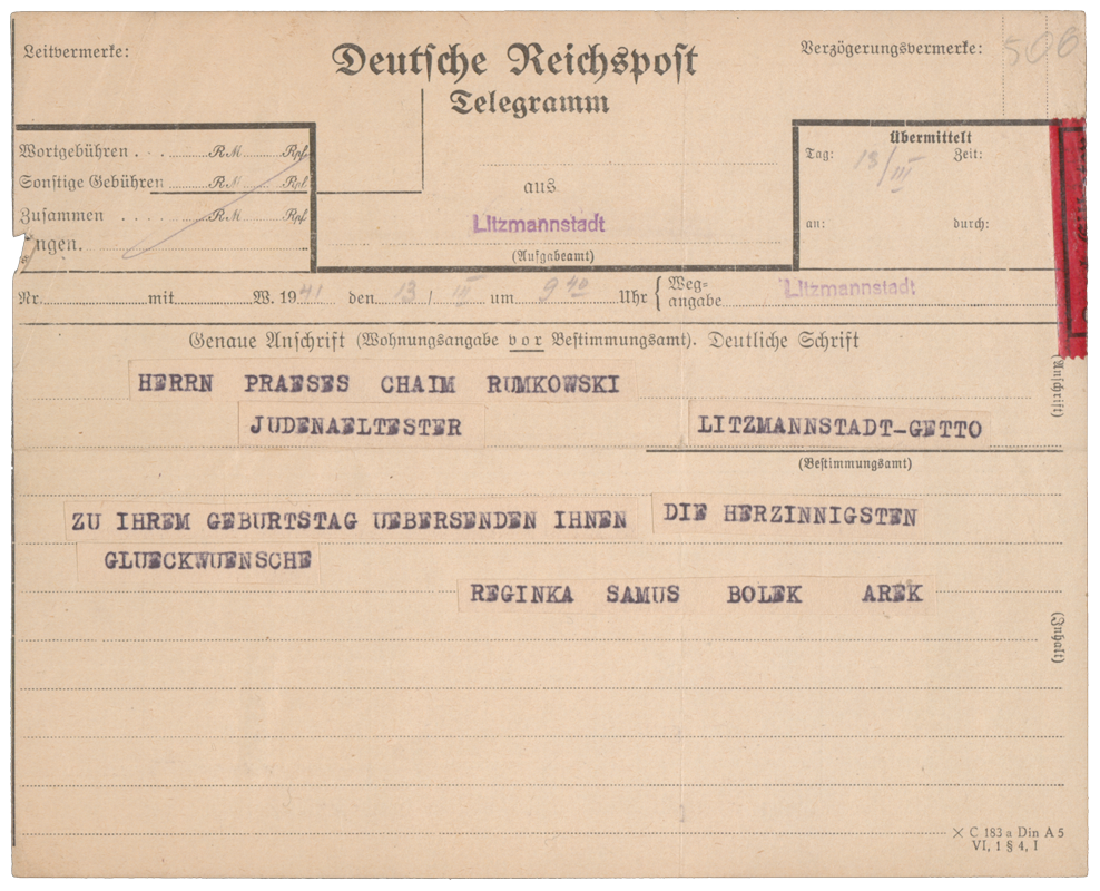 Wishes for Rumkowski, Reich post telegram template