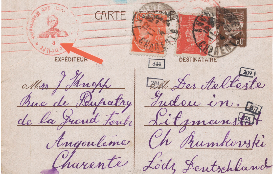 ​Karta pocztowa wysłana do Rumkowskiego z nazwą Litzmannstadt i Łódź