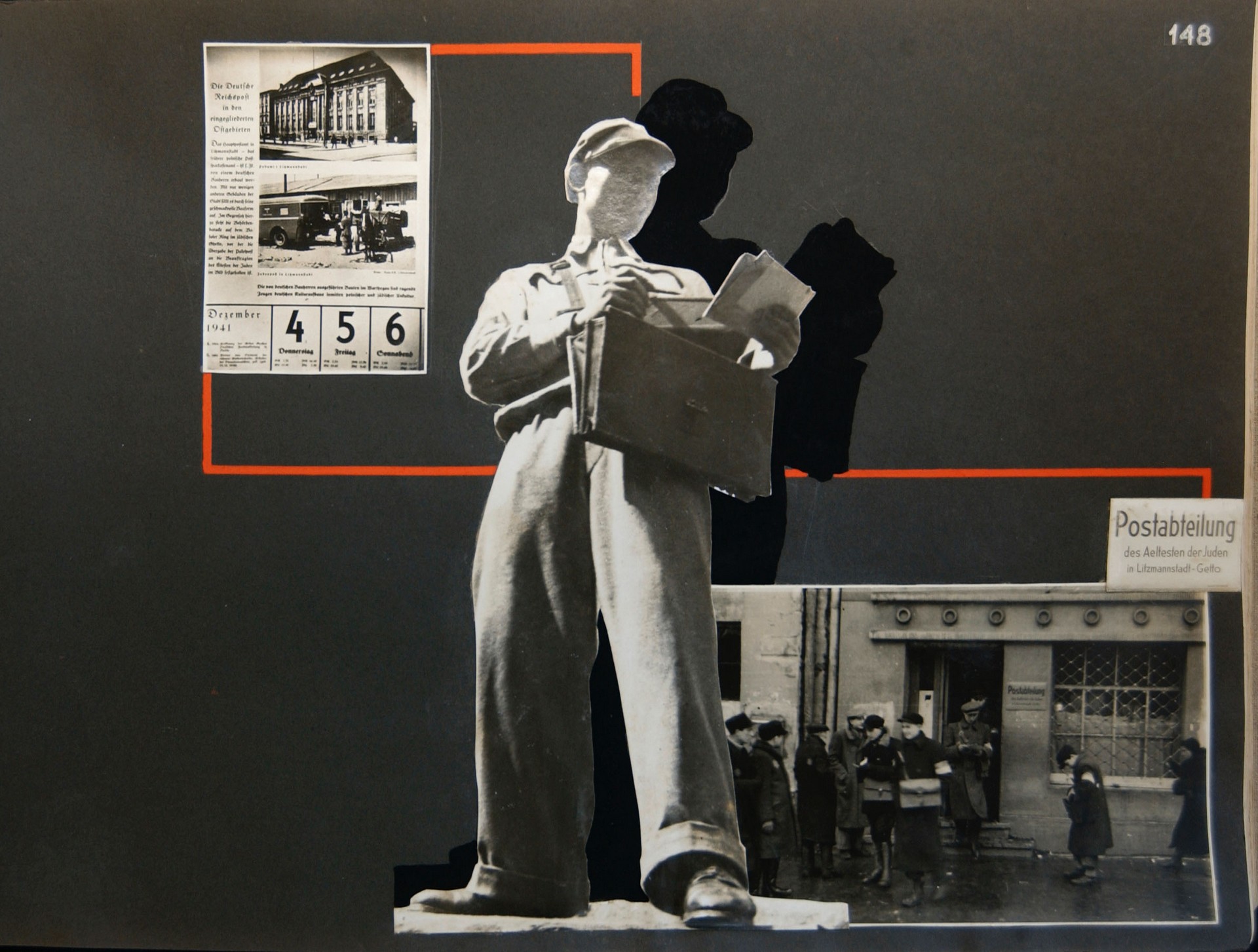 Page from the album made in the ghetto documenting the operation of the post office containing fragment of a 1941 German calendar with a photo of unpacking mail for the ghetto from a Deutsche Post car.