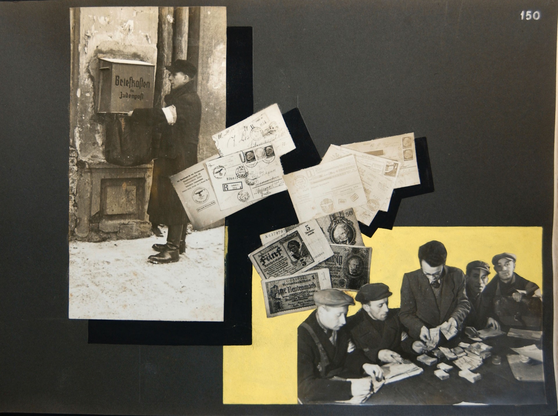 ​​​Page from the album made in the ghetto documenting the operation of the post office. Photographs a postman and employees of the ghetto&apos;s postal department.