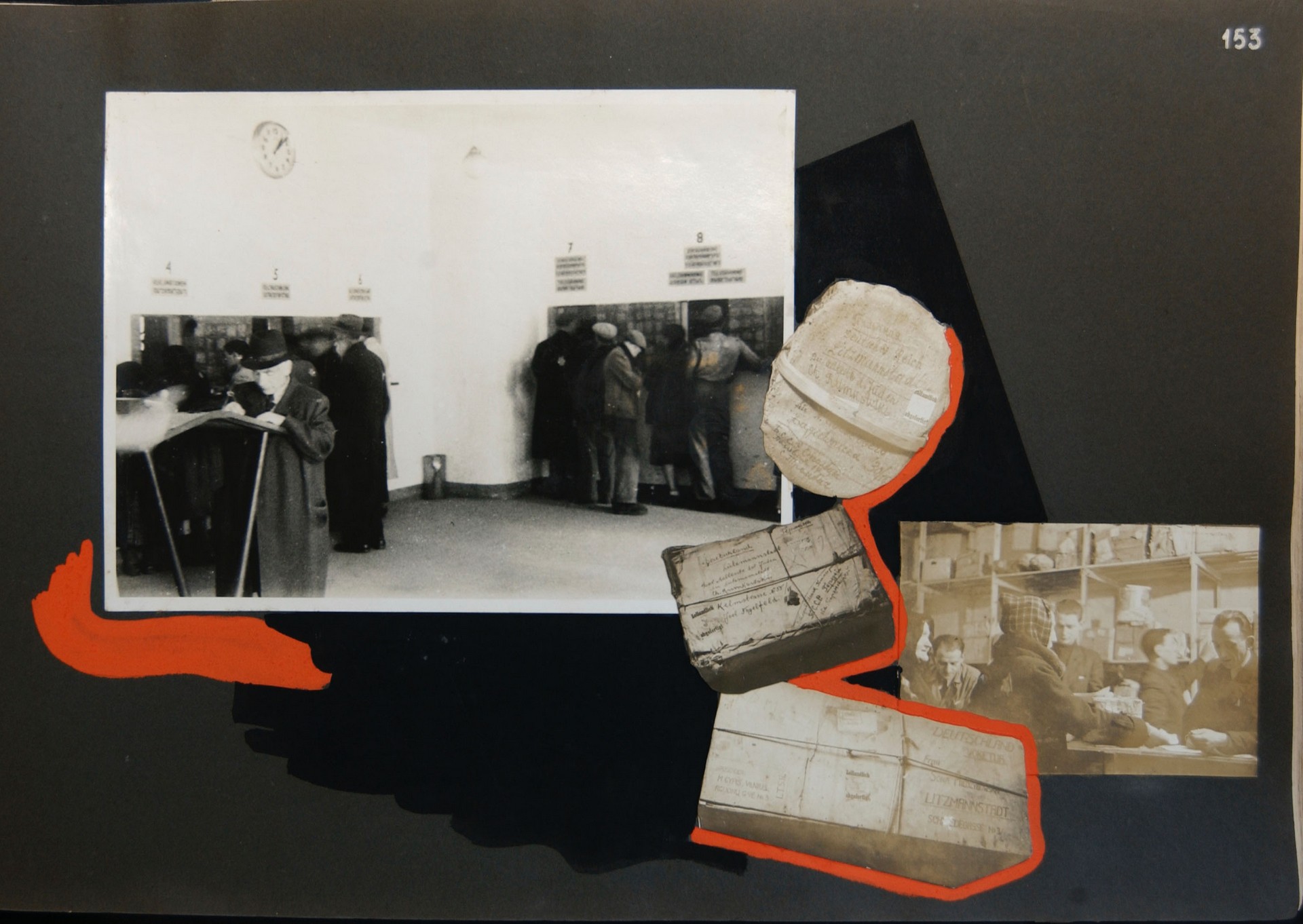​​​Page from the album made in the ghetto documenting the operation of the post office. Photographs of parcel distribution at the ghetto post office.
