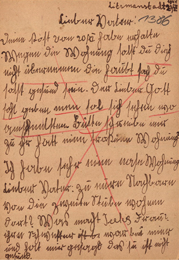 Postcard stopped by the censor due  to prohibited writing, back side 