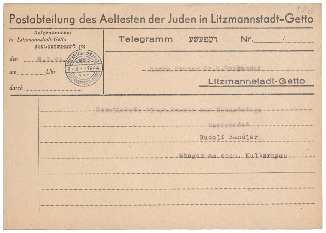 ​Wishes for Rumkowski, telegram template printed in the ghetto