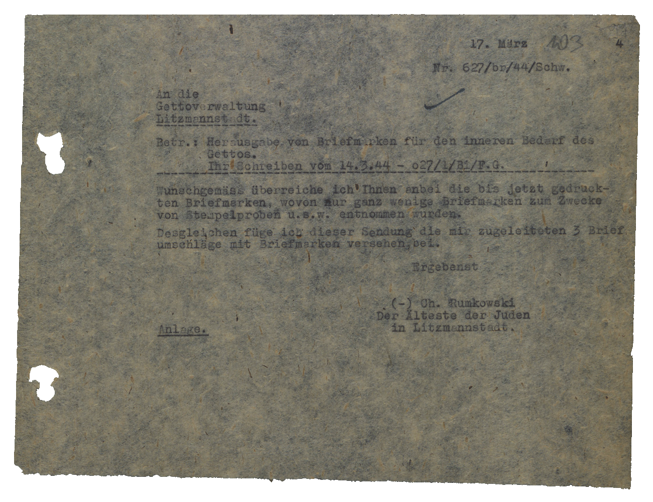 ​Pismo Chaima Rumkowskiego do niemieckiego Zarządu Getta