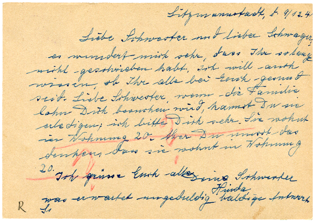 Karta zatrzymana przez cenzurę. Podejrzenie cenzora wzbudziła powtórzona informacja o mieszkaniu 20 (Wohnung 20), z najwyraźniej ukrytym przekazem. (Awers)