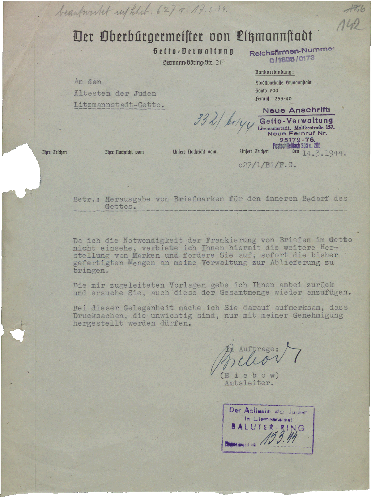 ​Pismo Chaima Rumkowskiego do niemieckiego Zarządu Getta