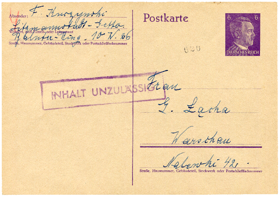 Karta zatrzymana przez cenzurę. Podejrzenie cenzora wzbudziła powtórzona informacja o mieszkaniu 20 (Wohnung 20), z najwyraźniej ukrytym przekazem. (Rewers)