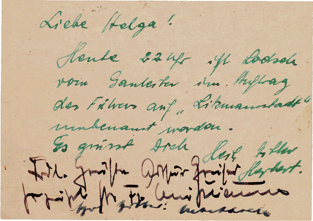 Rewers karty wysłanej do Helgi Schmidt do Lipska z informacją o zmianie nazwy miasta na polecenie Furera. Została również podpisana przez Artura Greisera i prawdopodobnie Friedricha Uebelhoera.