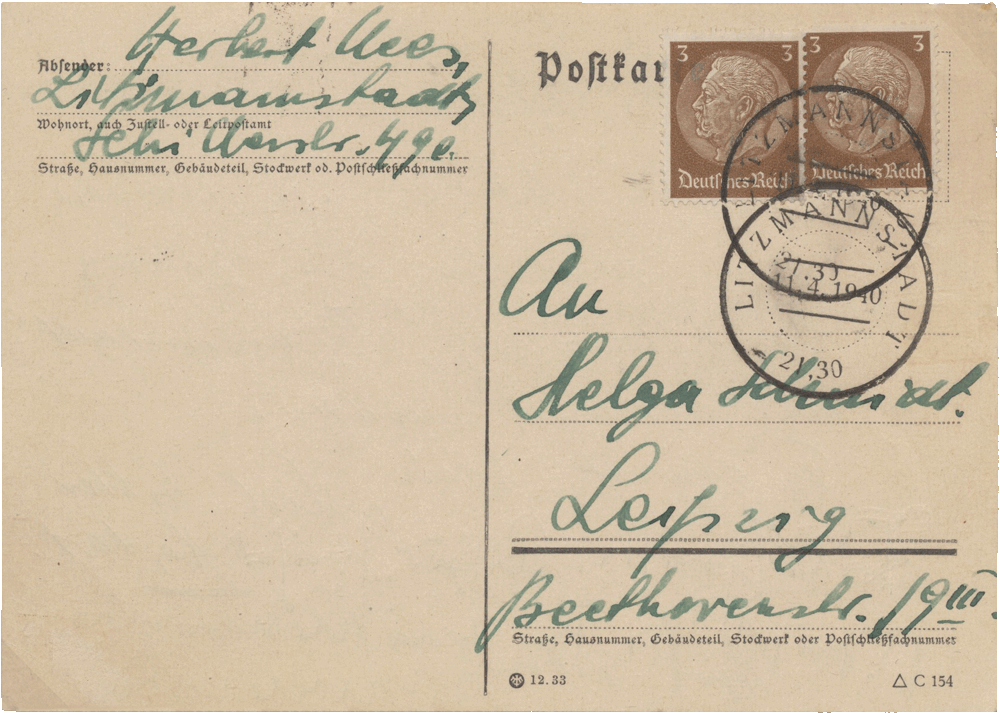 ​Awers karty wysłanej do Helgi Schmidt do Lipska z informacją o zmianie nazwy miasta na polecenie Furera. Została również podpisana przez Artura Greisera i prawdopodobnie Friedricha Uebelhoera.